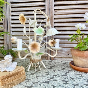 Vintage French Toleware Chandelier: Floral Cottage Style Metal Light