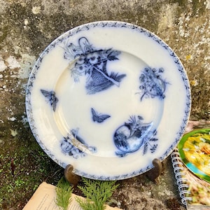 Puede incluir: Un plato de cerámica blanca con diseños florales y mariposas azules. El plato presenta una cesta de flores y varias mariposas. El borde tiene un patrón floral azul. El plato se exhibe sobre un soporte marrón.