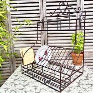 Antique French metal dish rack, draining rack, large vintage wrought iron rustic counter plate, cup, bowl shelf, farmhouse kitchen décor