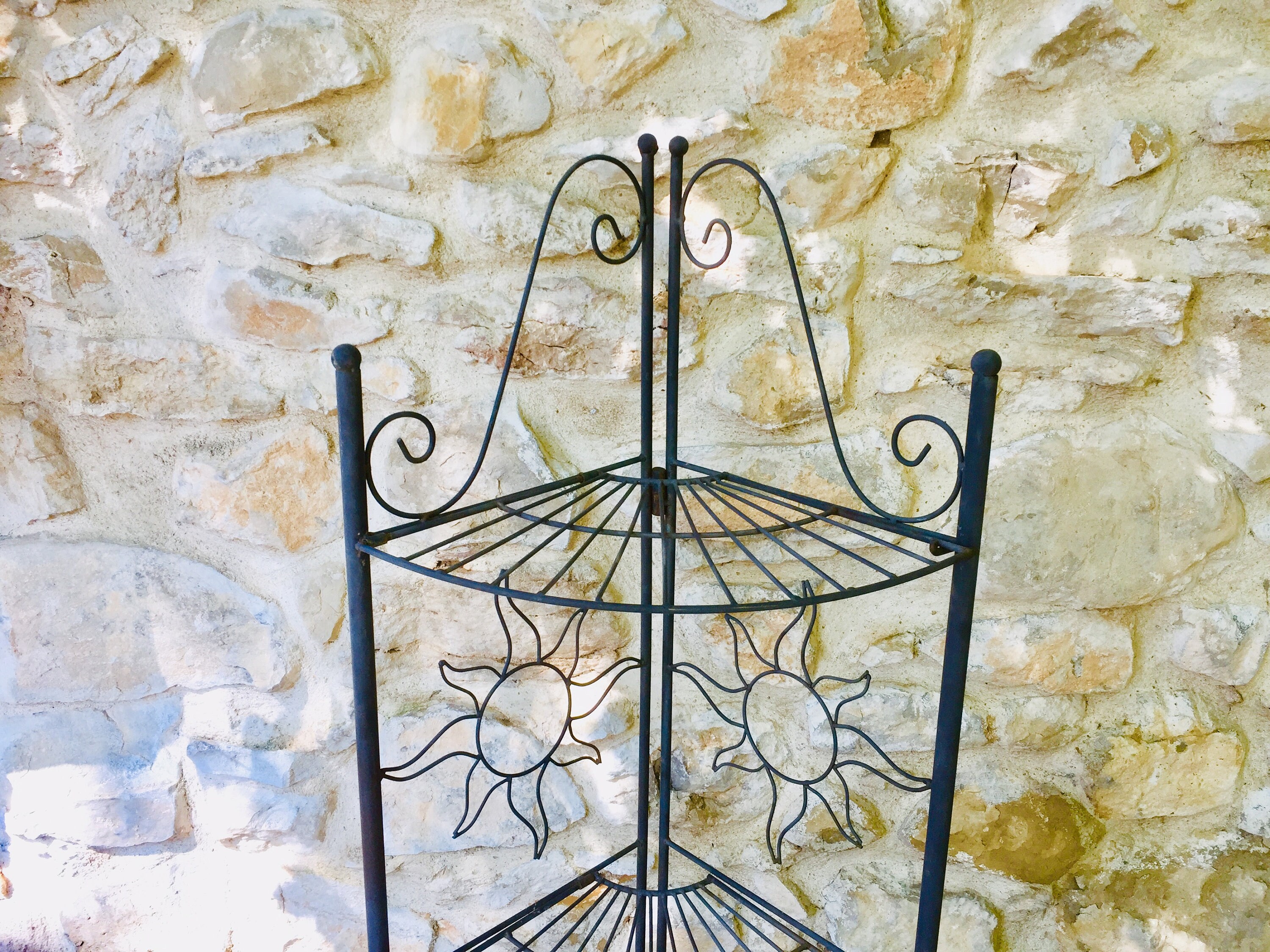 French wrought iron folding shelf, tall 4 tier shabby vintage metal