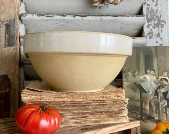 May include: A large, cream-colored ceramic mixing bowl with a wide, light-colored rim. The bowl sits atop a stack of aged books on a small wooden pallet. A ripe red tomato and a yellow tomato are nearby. A bundle of garlic hangs above.