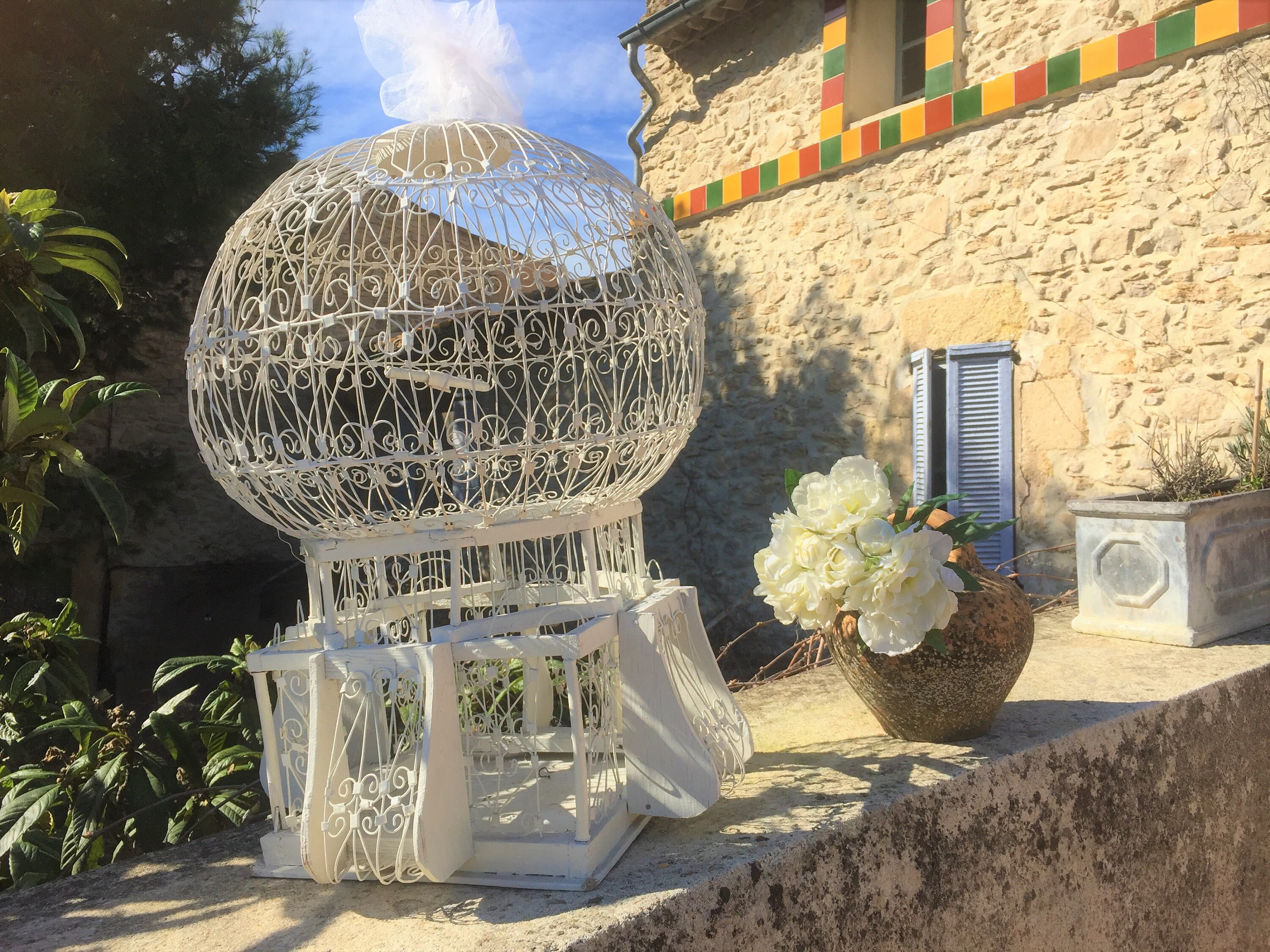 Large white bird cage, tall antique French domed parakeet cage