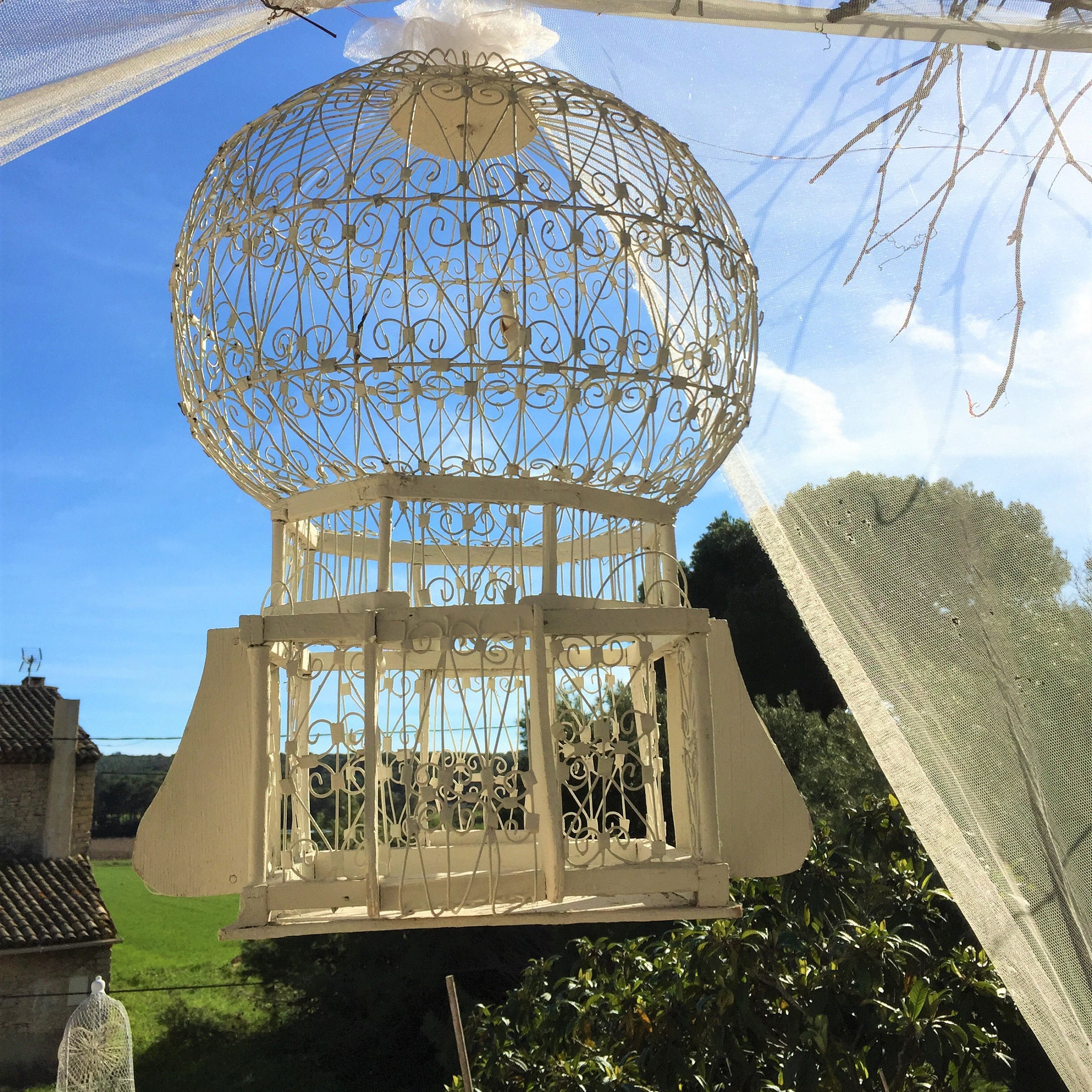 Large white bird cage, tall antique French domed parakeet cage