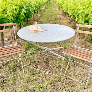 Vintage French Garden Table: XL Round Iron Patio Table with Folding Legs
