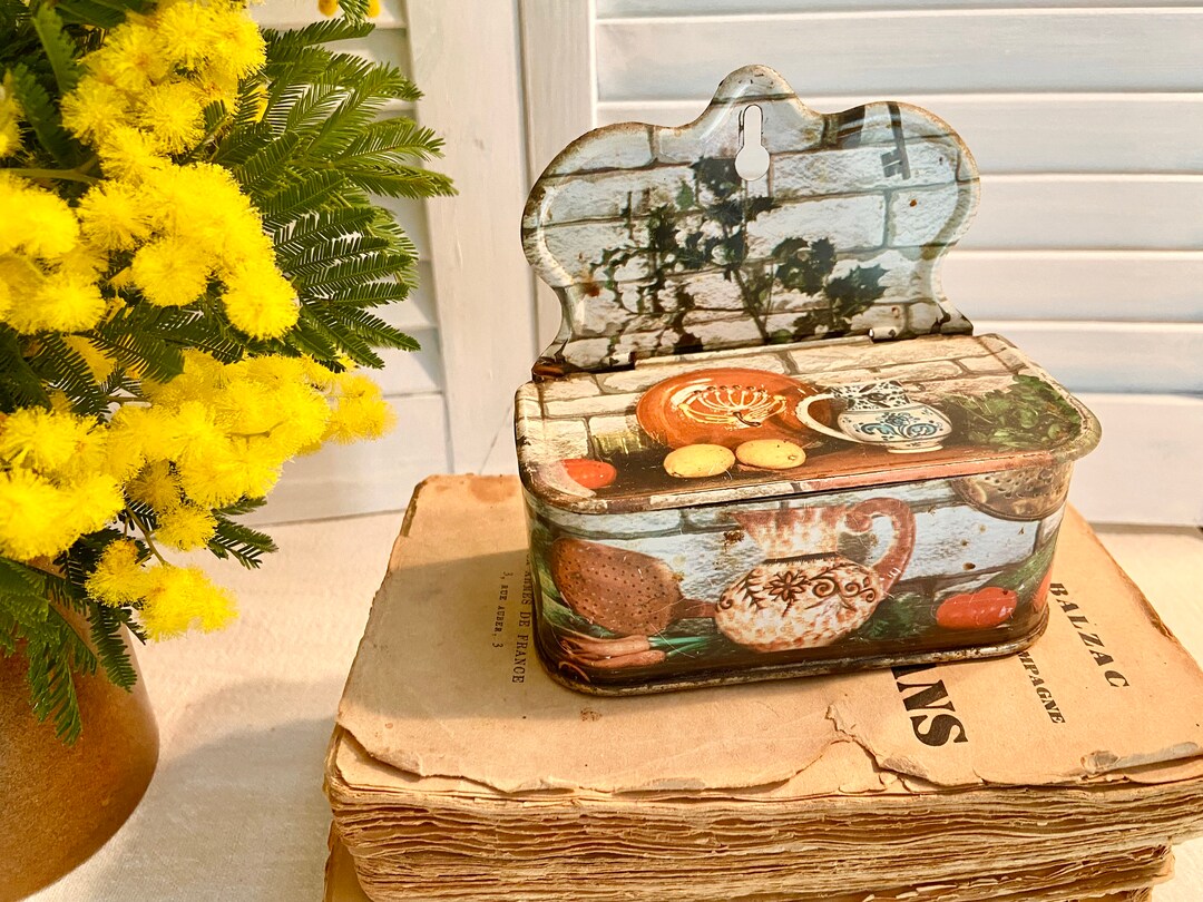 French Tin Matchstick Box, Vintage Painted Match Storage Box, Wall
