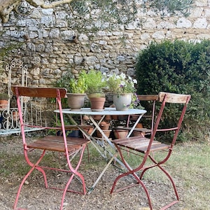 SET of 2 French antique French patio chairs, heavy wood slat folding garden seats, flower display props, farmhouse bistro garden chairs