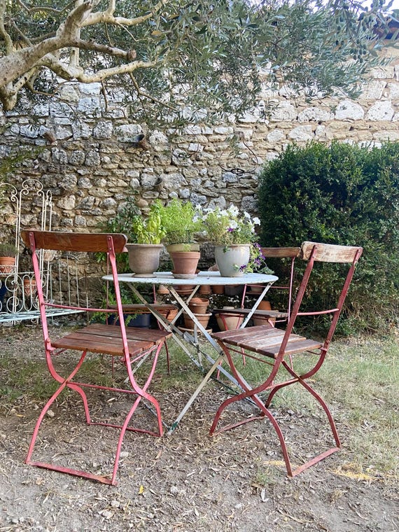 Antique French Bistro Chairs - Set of 2 - Folding Wood & Wrought