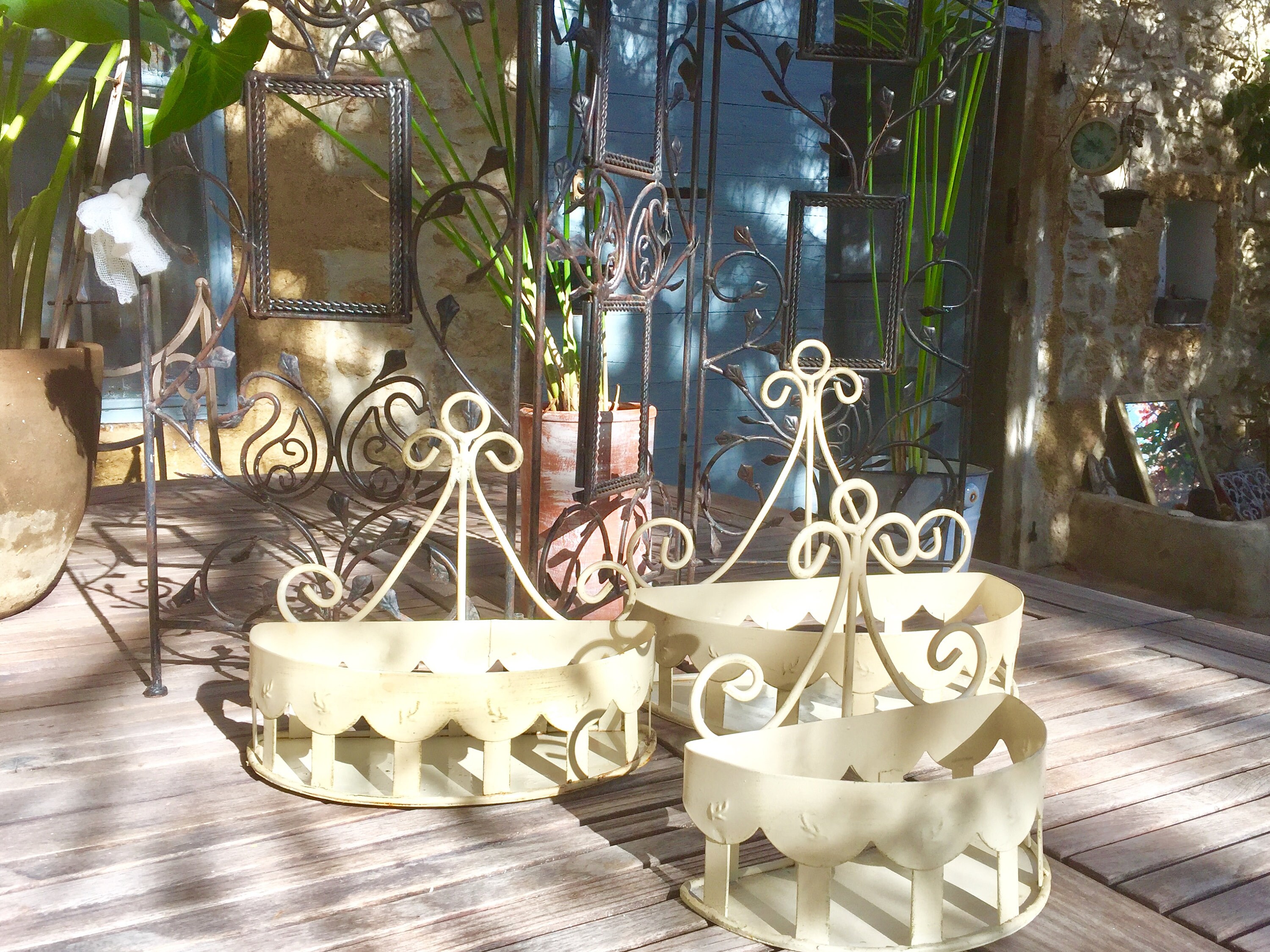 Shabby metal basket shelves set of 3 distressed French white vintage sheet metal and wrought