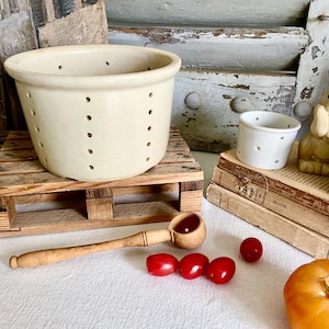 Antique French Stoneware Cheese Mold: XL Creamy White Glazed Faisselle