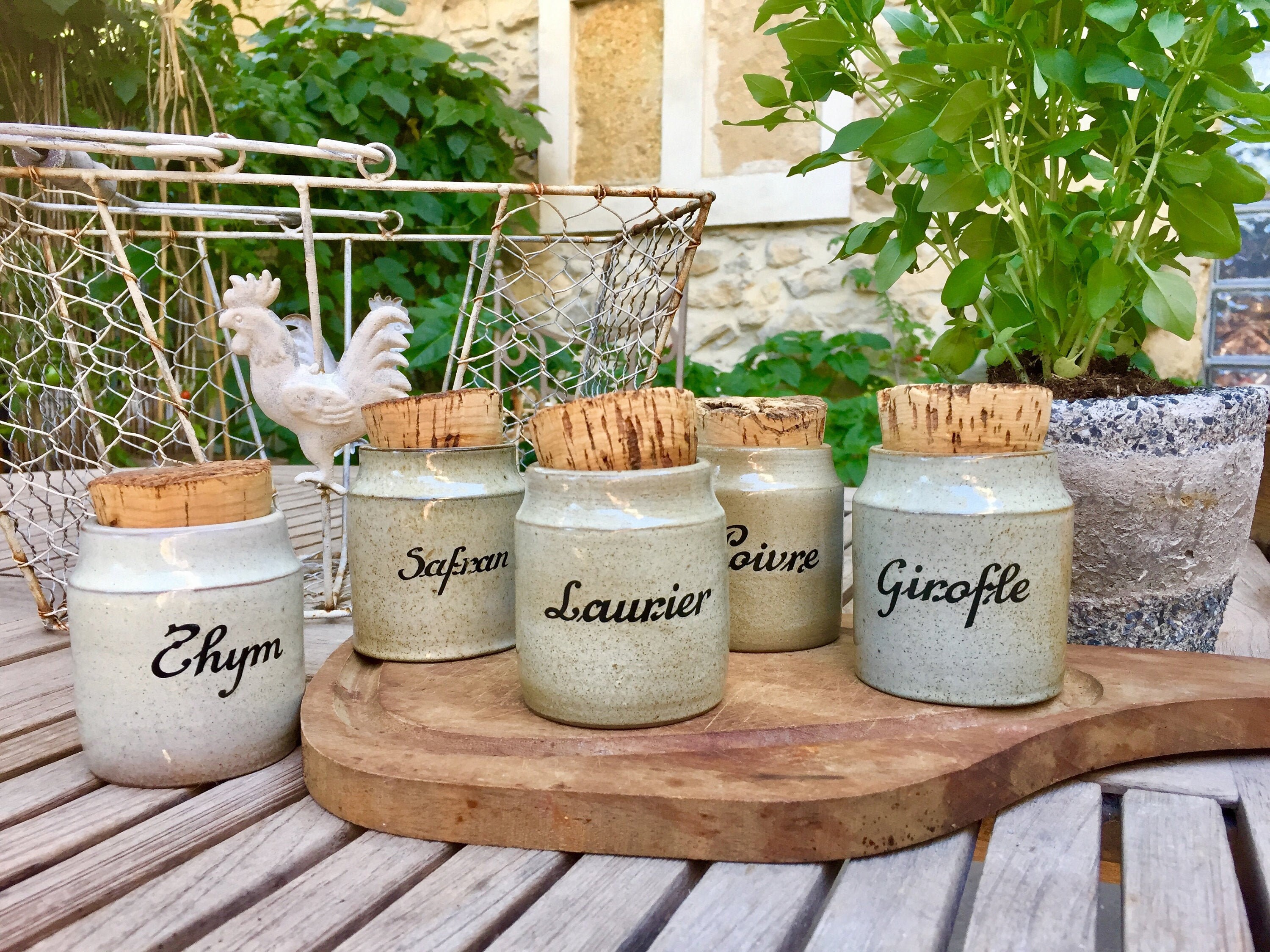 Vintage French Spice Jars with lovely corks, set of five, glazed