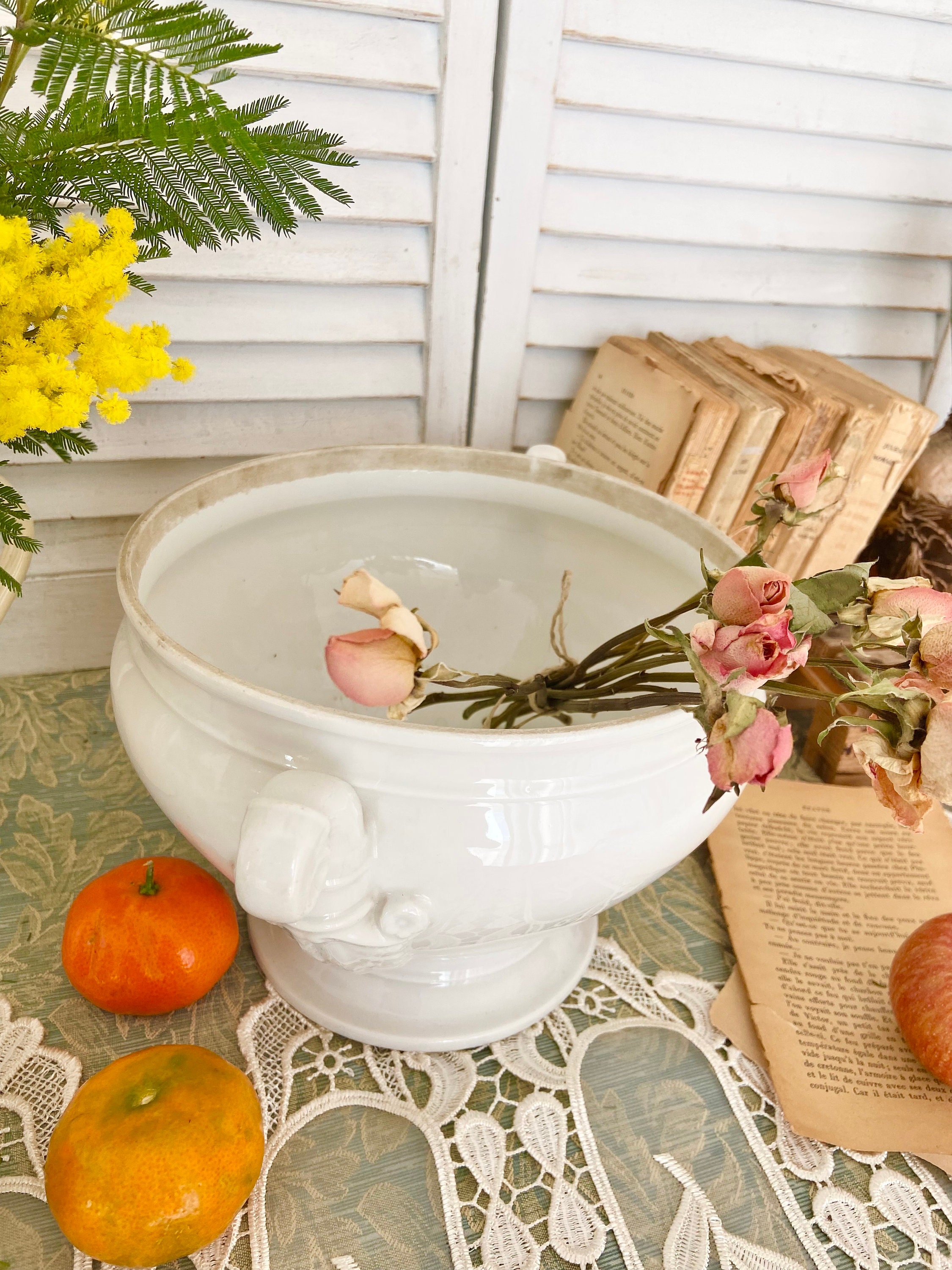 ヴィンテージフランス製スープテリーン ヴィンテージフランス白磁スープチュリーン: エレガントな足付きスープ