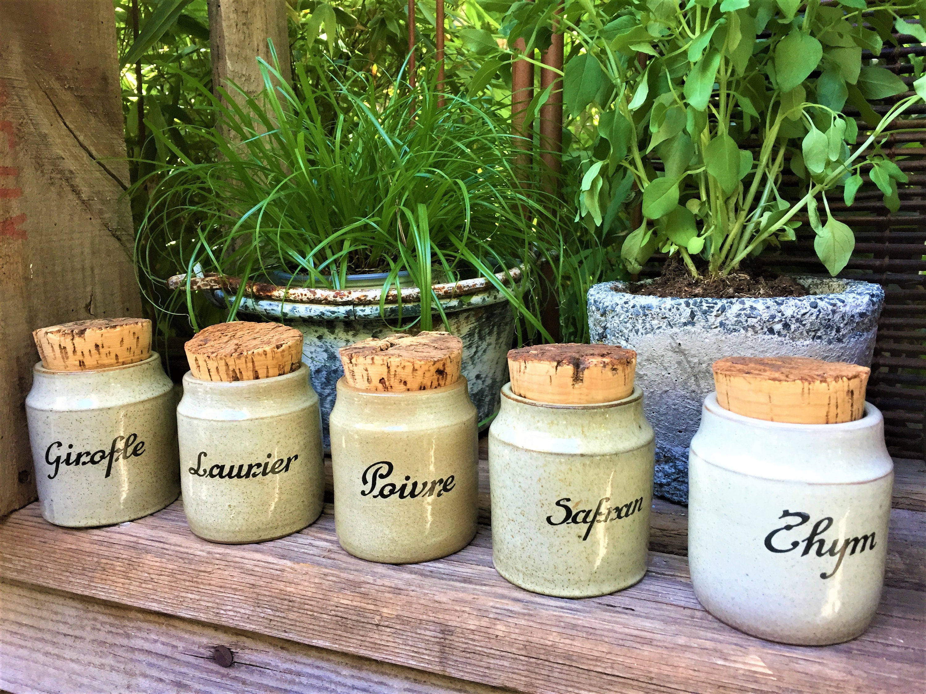 Vintage French Spice Jars with lovely corks, set of five, glazed