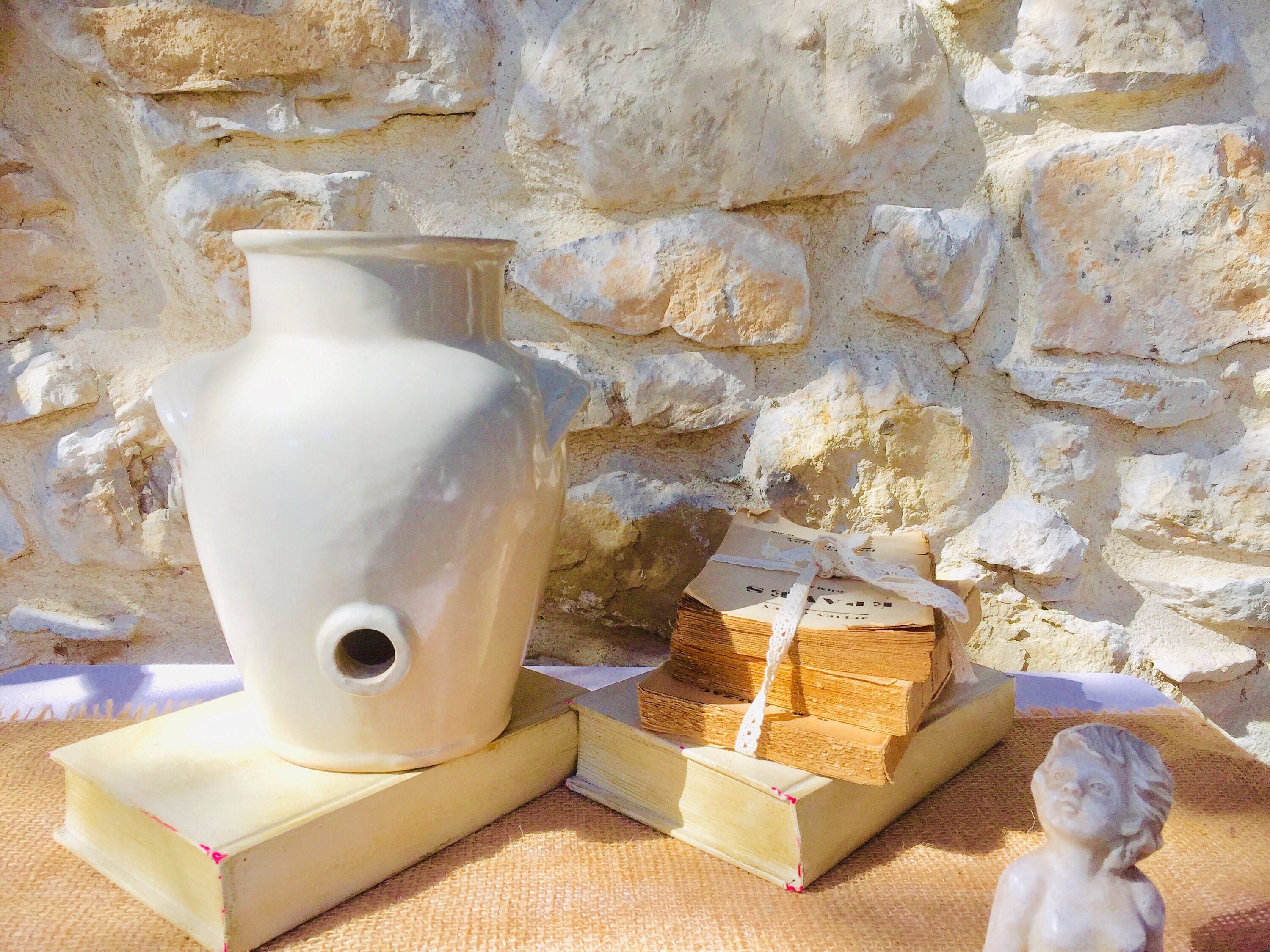 Pot de Vinaigre Français Antique, Pot en Grès Vintage Ton Neutre avec Bec et Poignées, Authentique D