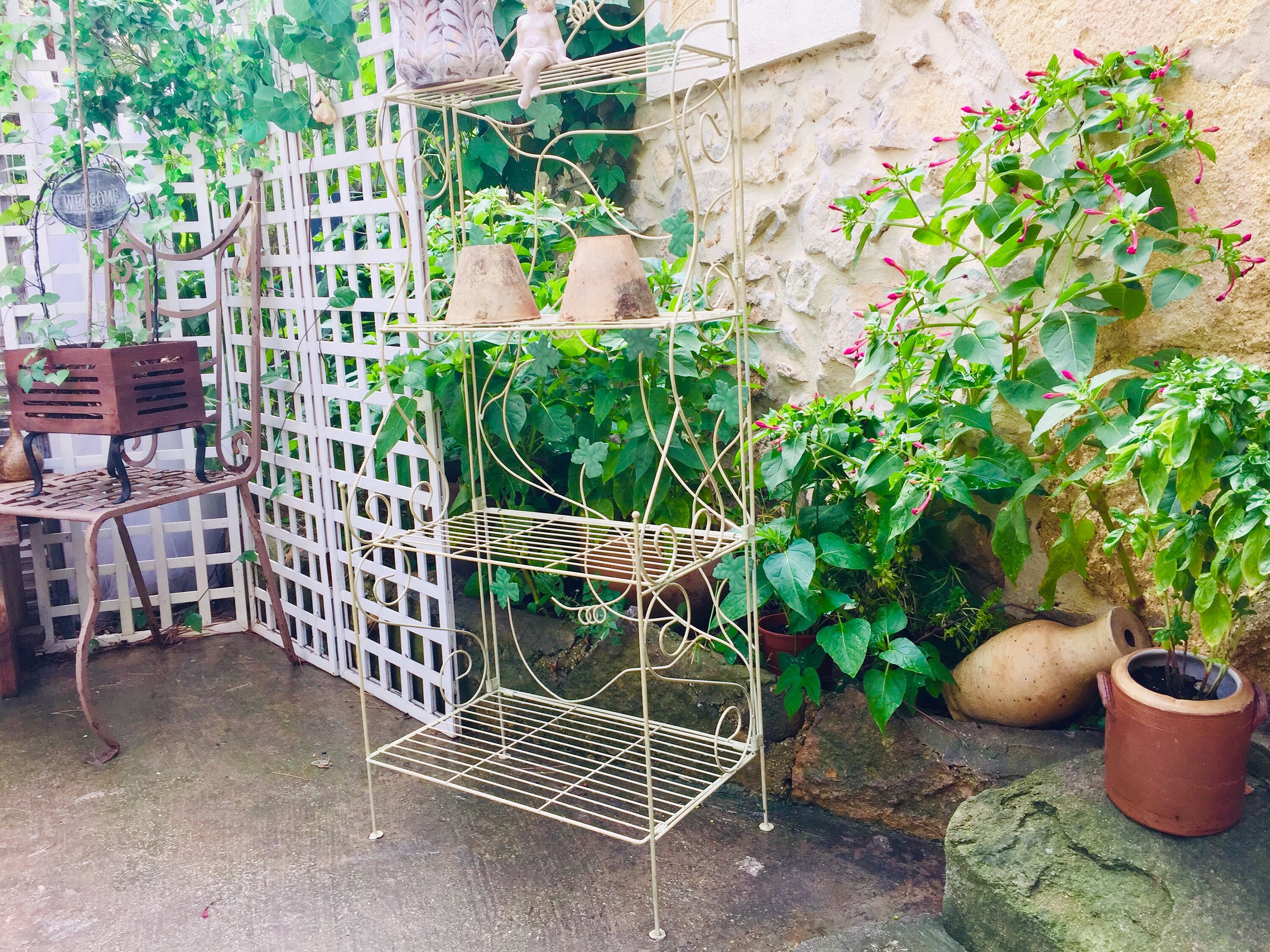 French baker's rack, rustic authentic white free standing folding shelf