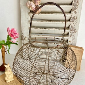 XXL French Vintage Wire Egg Basket: Rustic Farmhouse Kitchen Decor