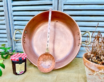 French copper jam pan and ladle, heavy vintage preserves, canning, jam making basin, bronze handles with 3 rivets, farmhouse kitchenware