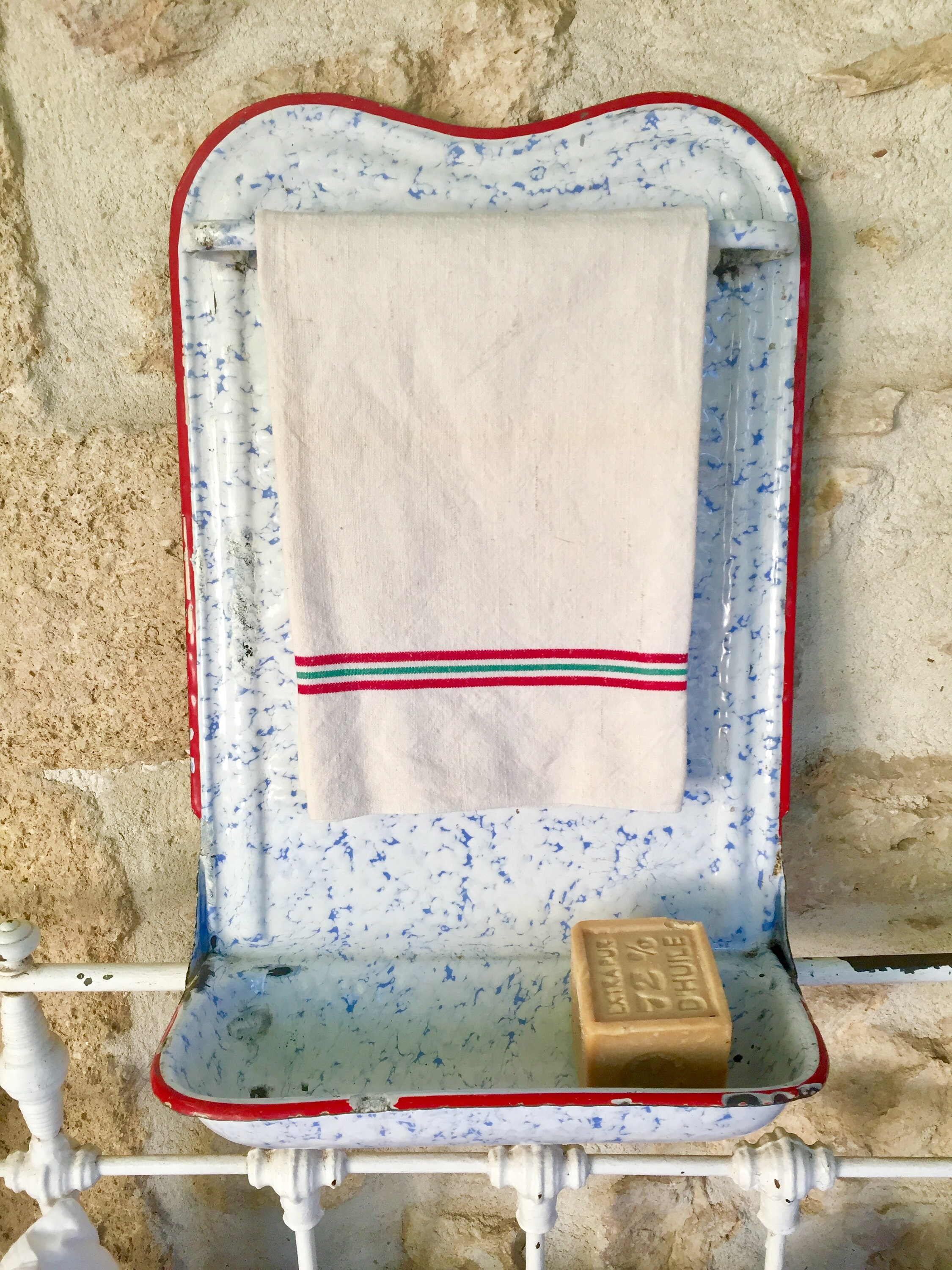 Antique French enamel utensil rack, vintage toleware kitchen sink rack