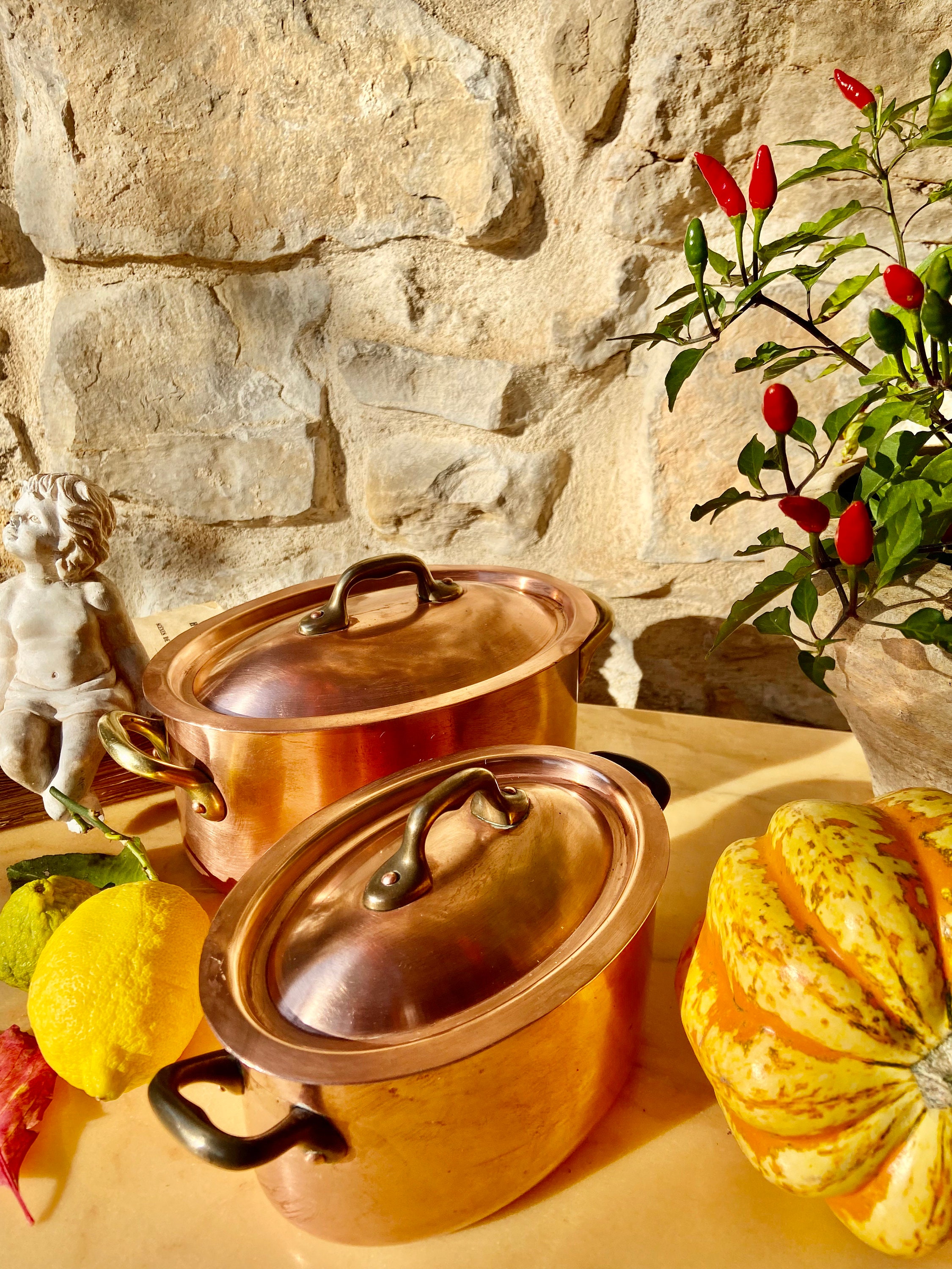 Antique French copper casserole pans with lids, professional bistro cookware, 2 available, tin