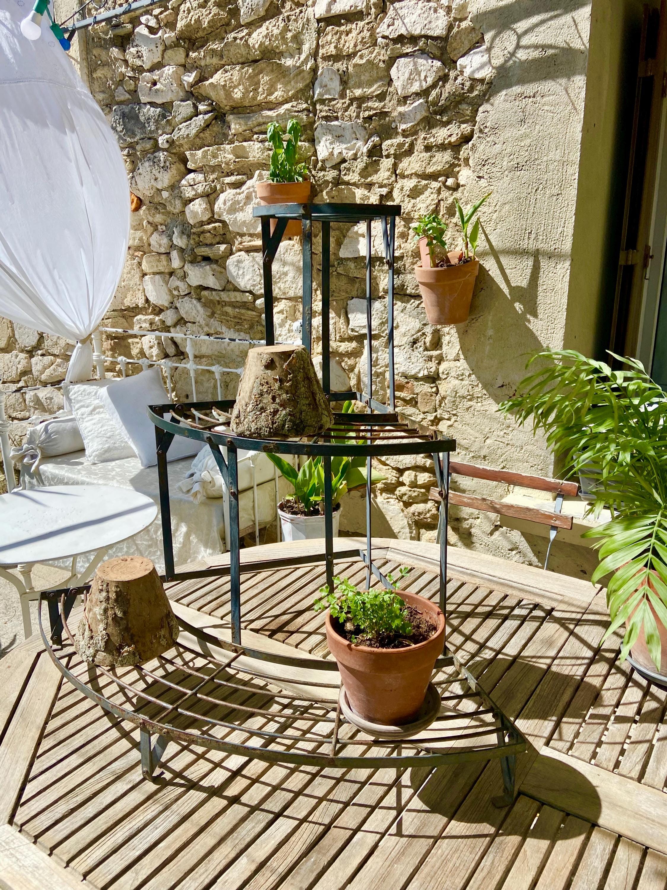 RESERVED ***** Antique French Iron Plant Stand: Rustic 3-tier