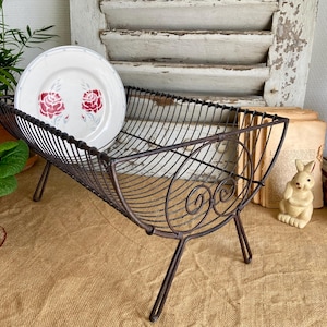 French dish rack, vintage very dark brown wire draining board plate rack, kitchen draining board rack, farmhouse plate drying rack