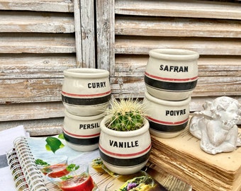 French spice jars, series of 5 vintage stoneware spice canister, Curry, vanilla, pepper, parsley, saffron, French brocante home lifestyle