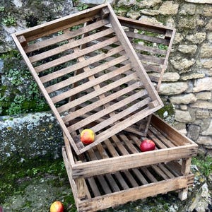 Puede incluir: Dos cajas de madera rústicas con laterales de listones, una parcialmente abierta, sobre una superficie de piedra musgosa. Varias manzanas rojas y amarillas están esparcidas alrededor de las cajas, con algunas dentro. Las cajas son de madera envejecida.