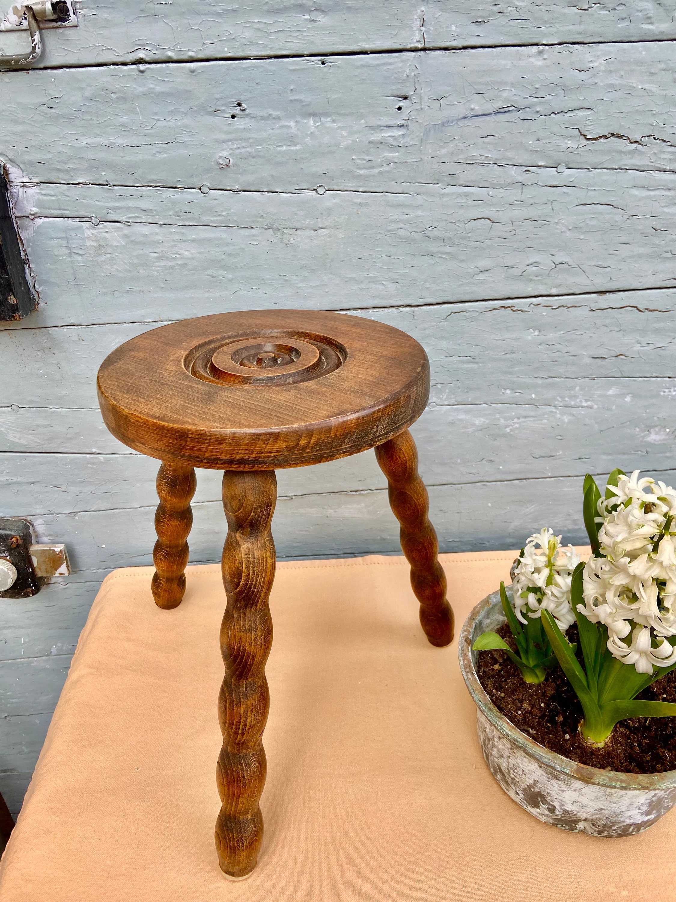 Barley twist stool, 3 legged milking stool, French vintage turned wood, antique handmade