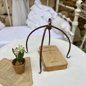 Può includere: Un supporto decorativo in metallo marrone con bracci curvi, che tiene un libro vintage con testo francese. Una piccola pianta in vaso con fiori bianchi e carta invecchiata sono su un tavolo bianco. Estetica vintage.