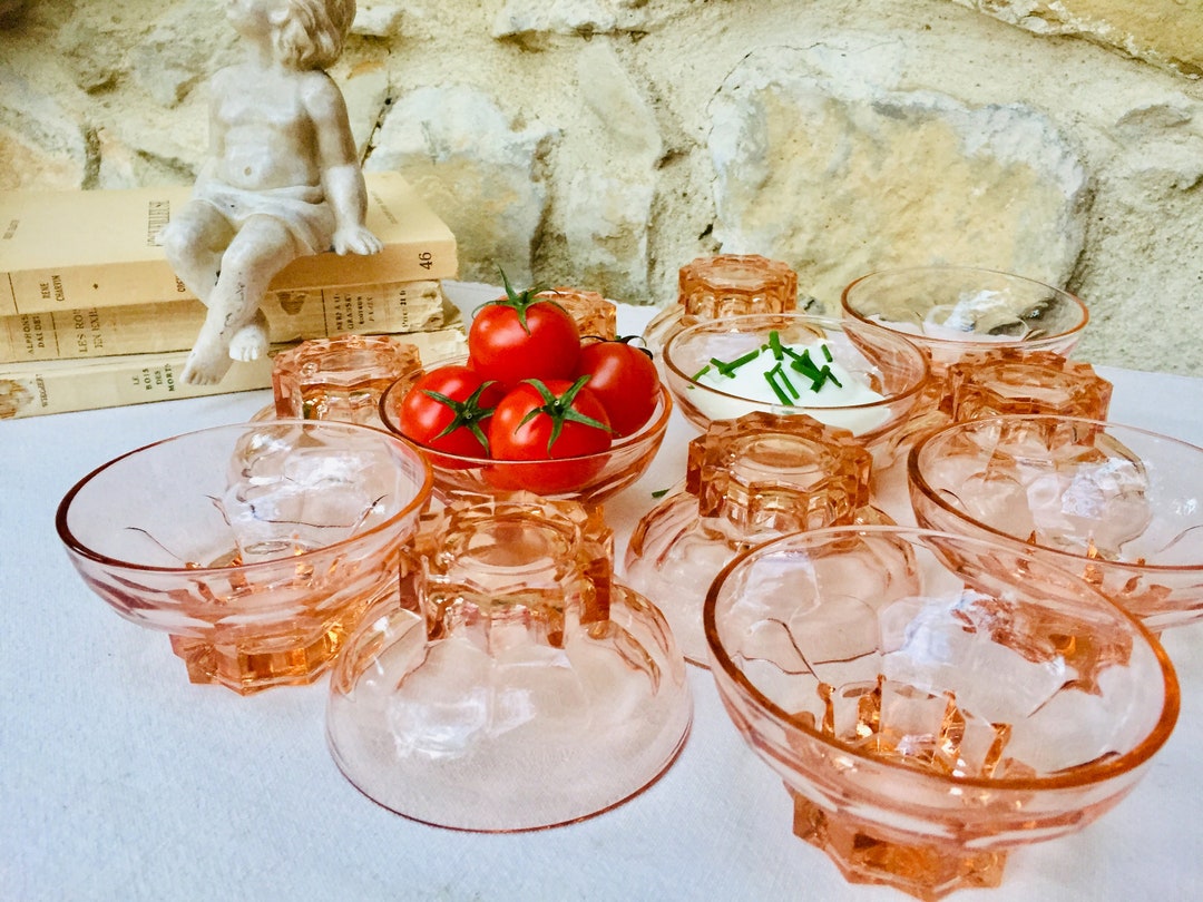 SET of 12 Vintage Salmon Pink Depression Glass Ice Cream Bowls, Sorbet