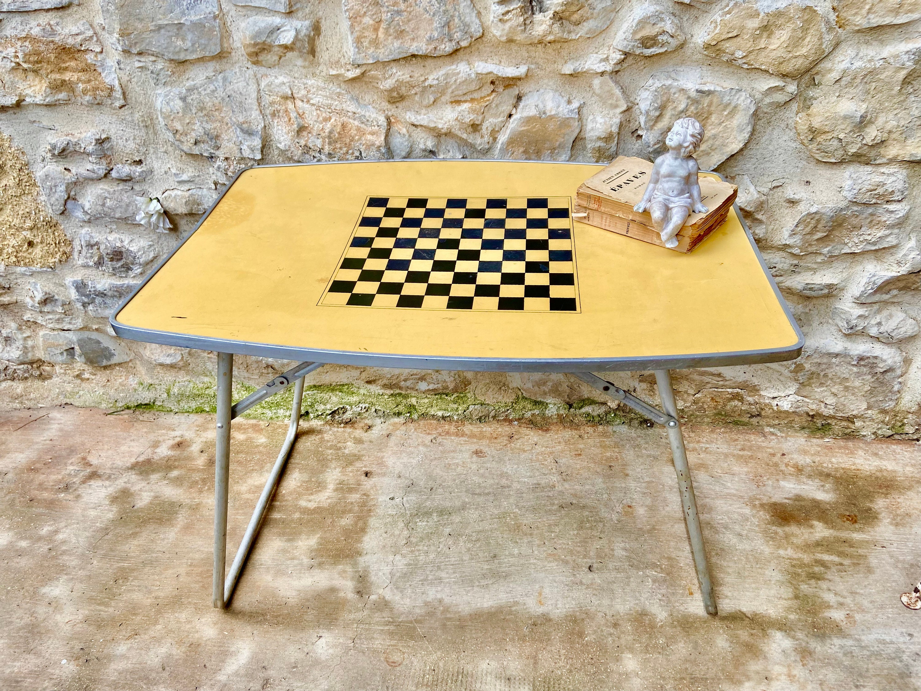 Retro folding picnic table, vintage French 1950's checkerboard formica