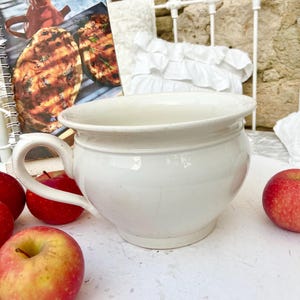May include: A white ceramic bowl with a handle, surrounded by red apples. The bowl has a wide rim and a rounded body. A cookbook with images of grilled food is in the background. The scene is set on a white surface.