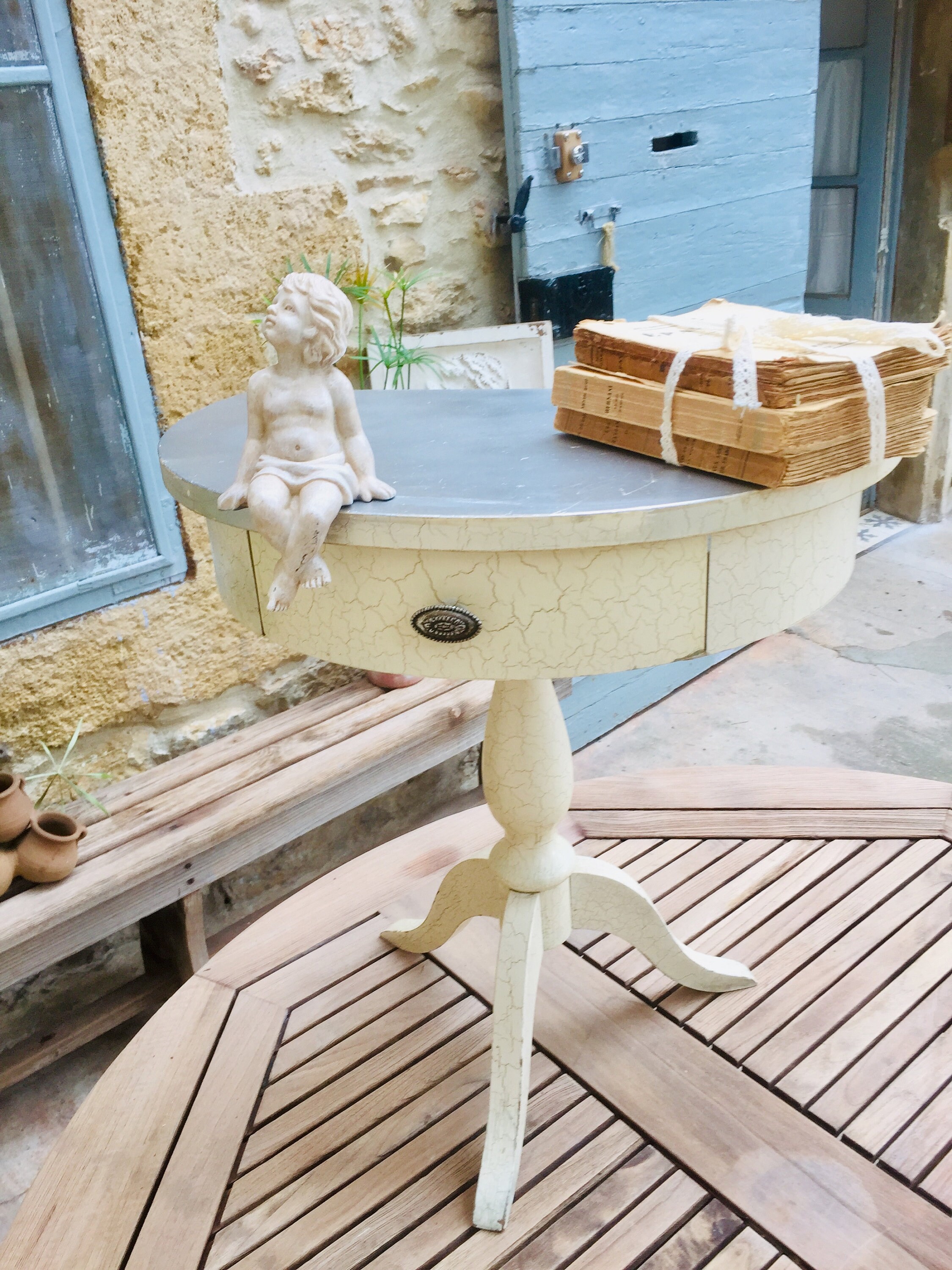 Formica nightstand, French mid century laminated crackle finish half