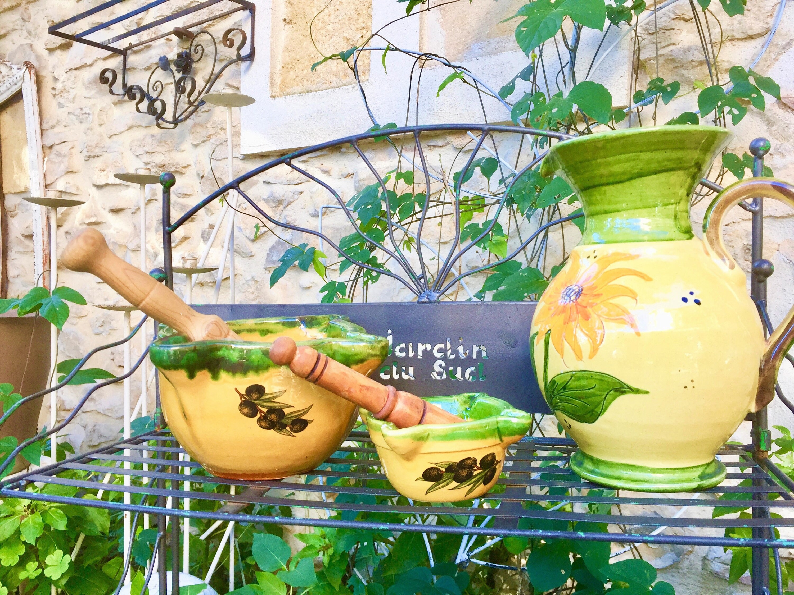 Mortar and pestle French vintage glazed stoneware herb, spice, garlic