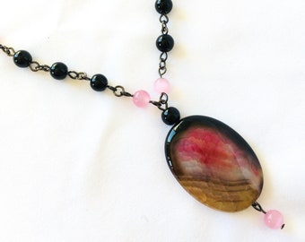 Pink catseye, pendant necklace, pink and black necklace, beaded necklace, statement necklace, gunmetal jewelry