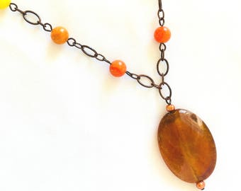 Orange pendant necklace, copper jewelry, beaded jewelry, statement necklace, fall colors, autumn jewelry