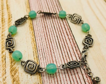 Sea Green Glass Beaded Bracelet with Silver Connectors