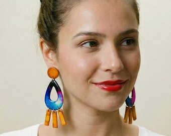 Retro Statement Earrings, Extra Large Artsy Dangles, Abstract Evil Eye Earrings Handmade from Polymer Clay, Alcohol Ink & Resin. Unique Gift
