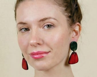 Green & Maroon Clay Earrings, Cute Two Tone Drop Dangles Handmade from Polymer Clay, Small Statement Jewelry, Unique Birthday Gift Women