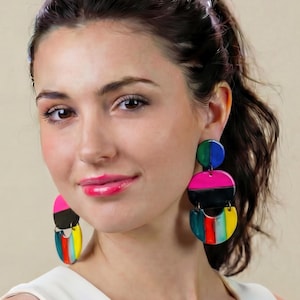 Colorful Striped Statement Earrings, Large Multicolored Drop Dangles Handmade from Clay & Hand Painted, Bright Bold Fashion Jewelry, Gift