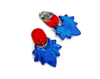 Red & Royal Blue Floral Clip On Earrings Handmade, Cute Flower Studs Non Pierced Ears, Modern Minimalist Jewelry, Colorful Two Tone Earrings