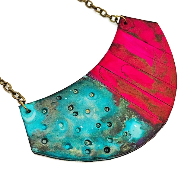 Two Tone Semi Circle Statement Necklace Handmade from Polymer Clay and Painted with Alcohol Ink. Artsy Abstract Jewelry for Women