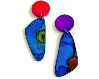 Quirky Mismatched Earrings, Royal Blue Earrings with Pink Purple, Unique Statement Earrings Handmade Gift for Mom, Polymer Clay Jewelry