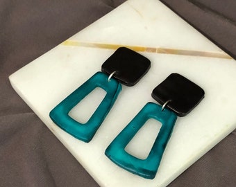 Black & Teal Art Deco Earrings, Open Rectangle Statement Earrings, Geometric Art Jewelry, 50th Birthday Gift for Friend, Canada Online Store