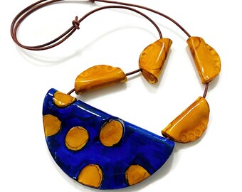 Chunky Semi Circle Bib Statement Necklace with Beads in Indigo Blue & Honeycomb Yellow. Polymer Clay Jewelry with Resin Gloss, Unique Gift