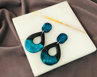 Black & Dark Teal Earrings, Polymer Clay Hand Painted Earrings, Teardrop Hoop Dangles, Unique Artsy Jewelry Handmade in Canada, Sister Gift