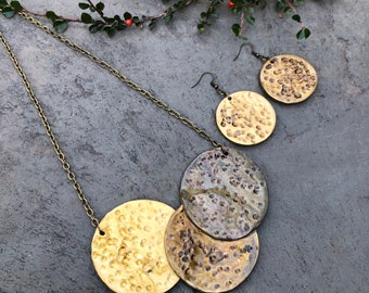 Clay Mixed Metal Necklace & Matching Disc Earrings Handmade from Polymer Clay and Painted in a Metallic Gold Bronze, Trendy Jewelry Set Gift