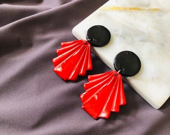 Large Clip On Earrings, Painted Clay Earring, Red & Black Modern Jewelry Handmade in Canada, Extra Long Statement Earrings, Mothers Day Gift