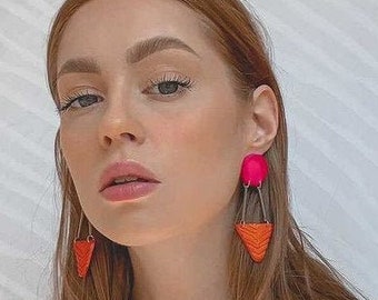 Colorful Statement Earrings in Orange & Pink, Long Geometric Earrings with Brass Bars, Polymer Clay Jewelry Hand Painted, Edgy Fun Fashion