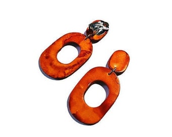 Orange Statement Clip On Earrings, Polymer Clay Earrings, Drop Hoop Earrings, Bright Bold Colorful Jewelry Gift for Women, Modern Minimalist