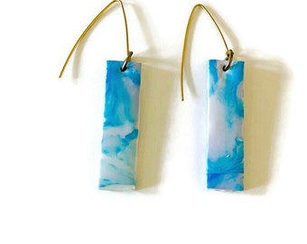 White Blue Marble Earrings, Long Teardrop Dangles, Polymer Clay Earrings Painted with Alcohol Ink & Resin, Something Blue for Bride